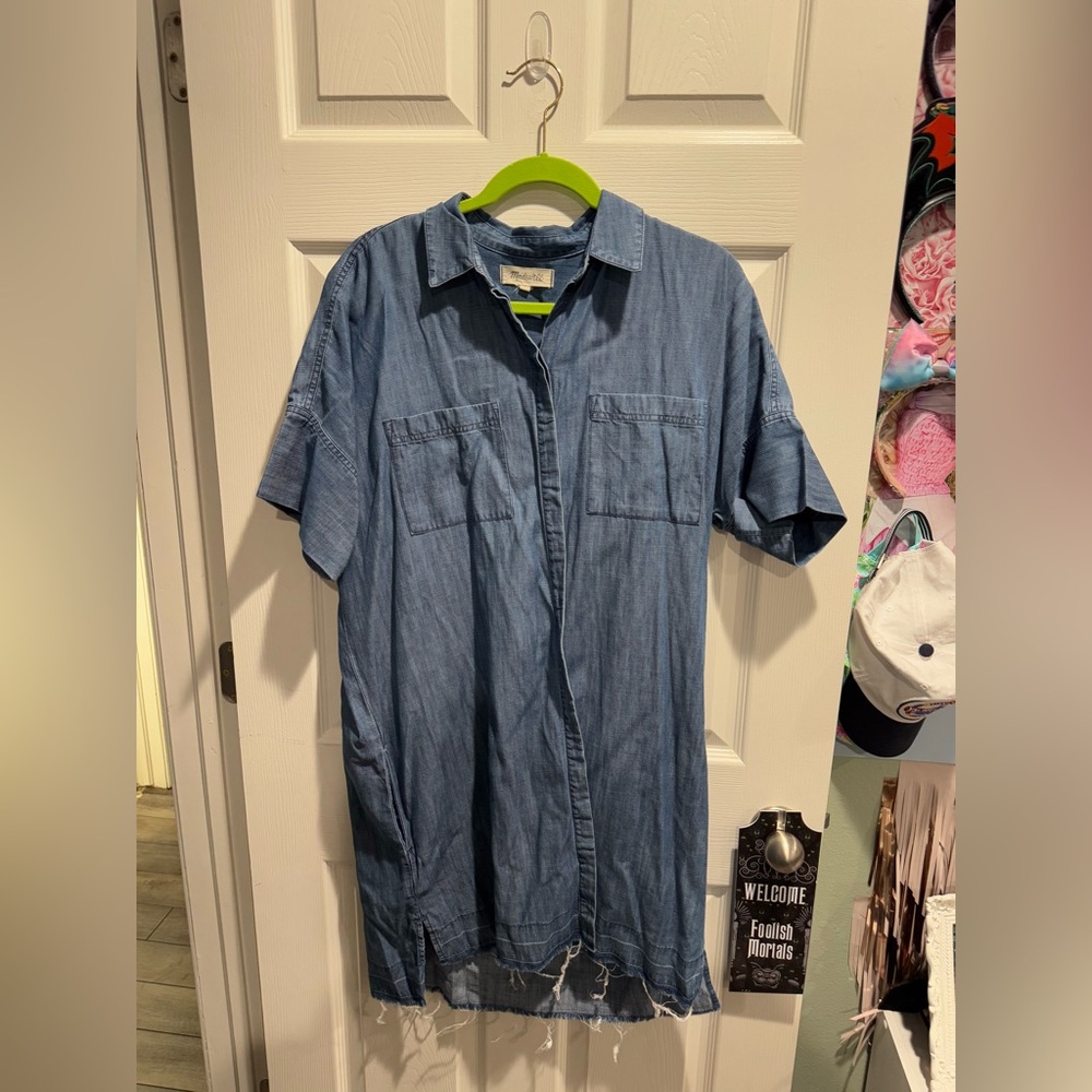 Madewell Blue Denim Drop Hem Mini Shirt Dress in Abbot Wash Size L